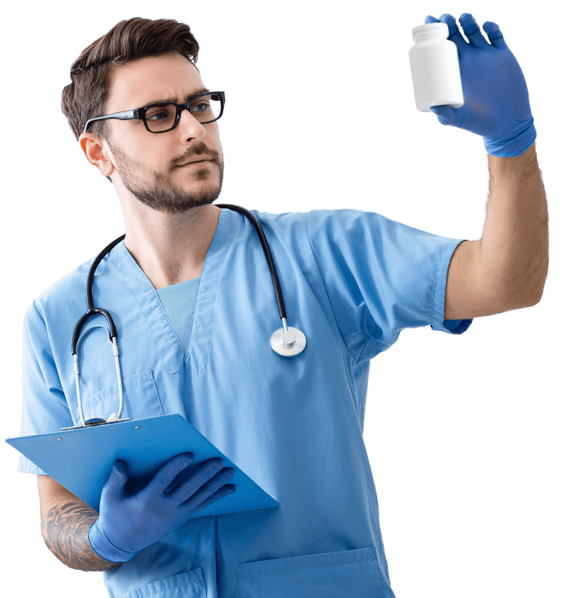 Doctor holding jar of pills at an E7YQQWN.png
